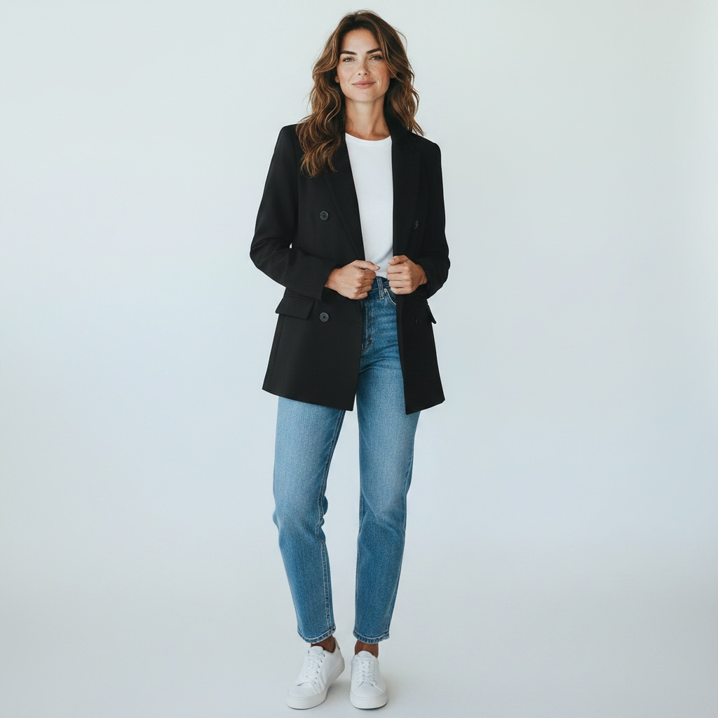 White tee with blazer and jeans smart casual date night outfit